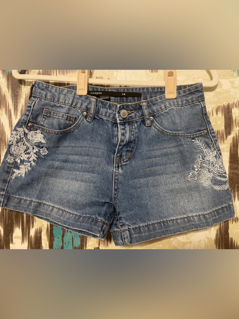 Harper Blue Denim Shorts with White Floral Embroidery